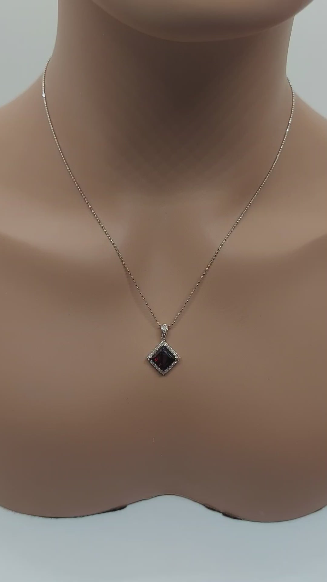 14k Real Solid White Gold Necklace with lozenge shaped Garnet and Real Natural diamonds for Women