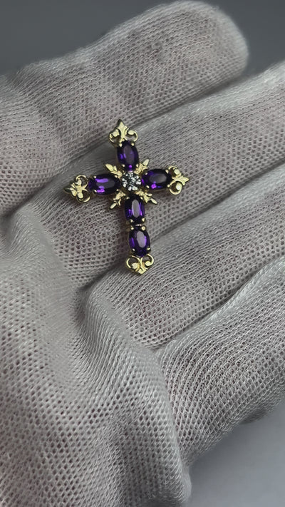 10k Gold Cross Pendant with Amethyst gemstones