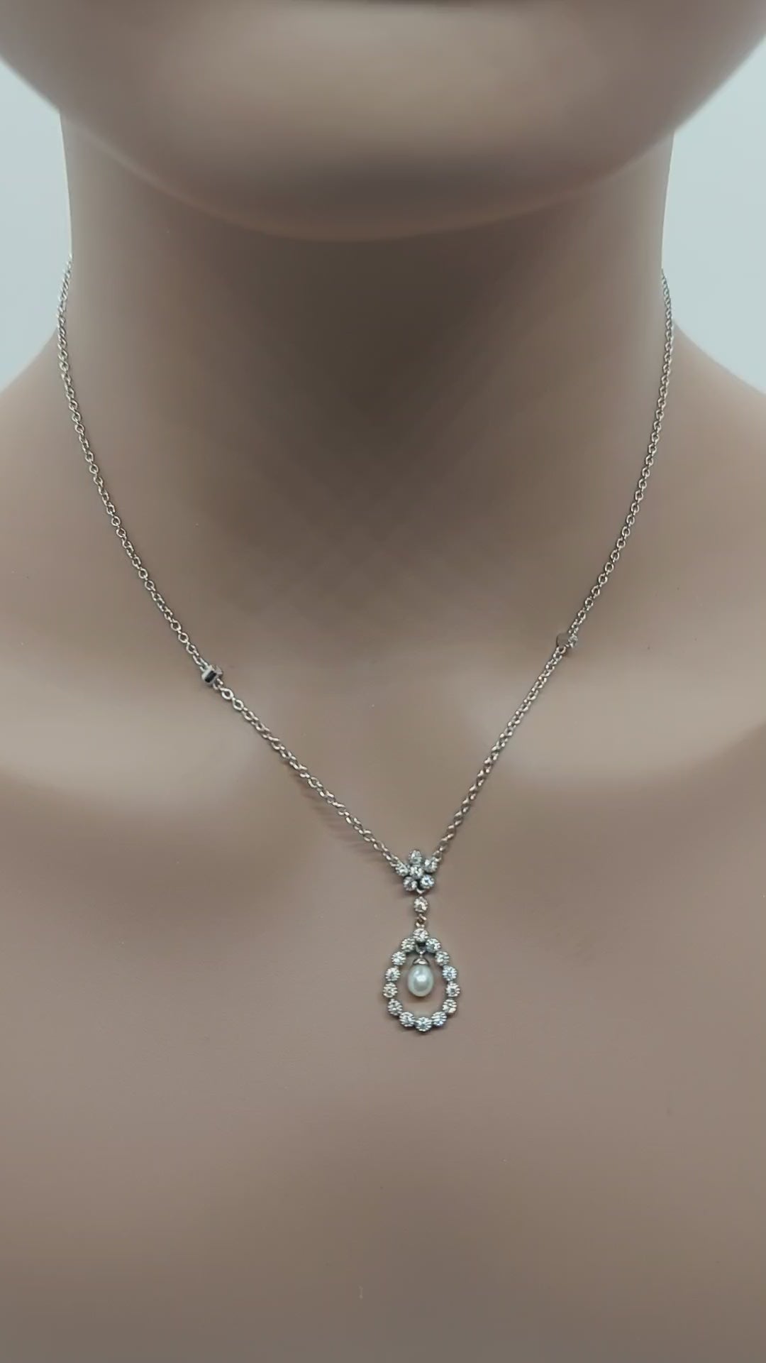 14k Real Solid White Gold Tear drop hanged from flower Necklace, Pearl Necklace with Natural Diamonds