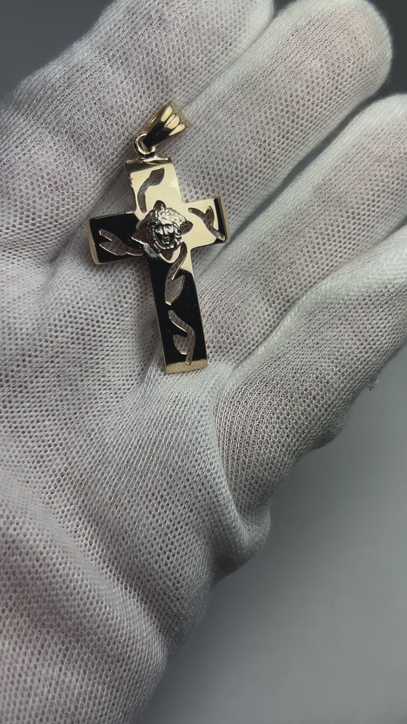 10k gold cross pendant with Versace head