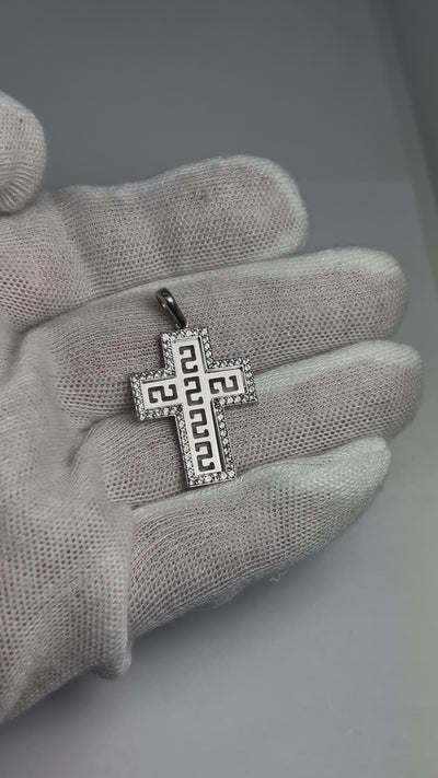 10k White gold cross with Greek meander design