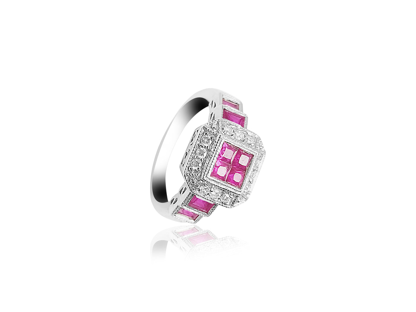 Fancy Ring with 0.50ct princess cut rubies and 0.15ct diamonds