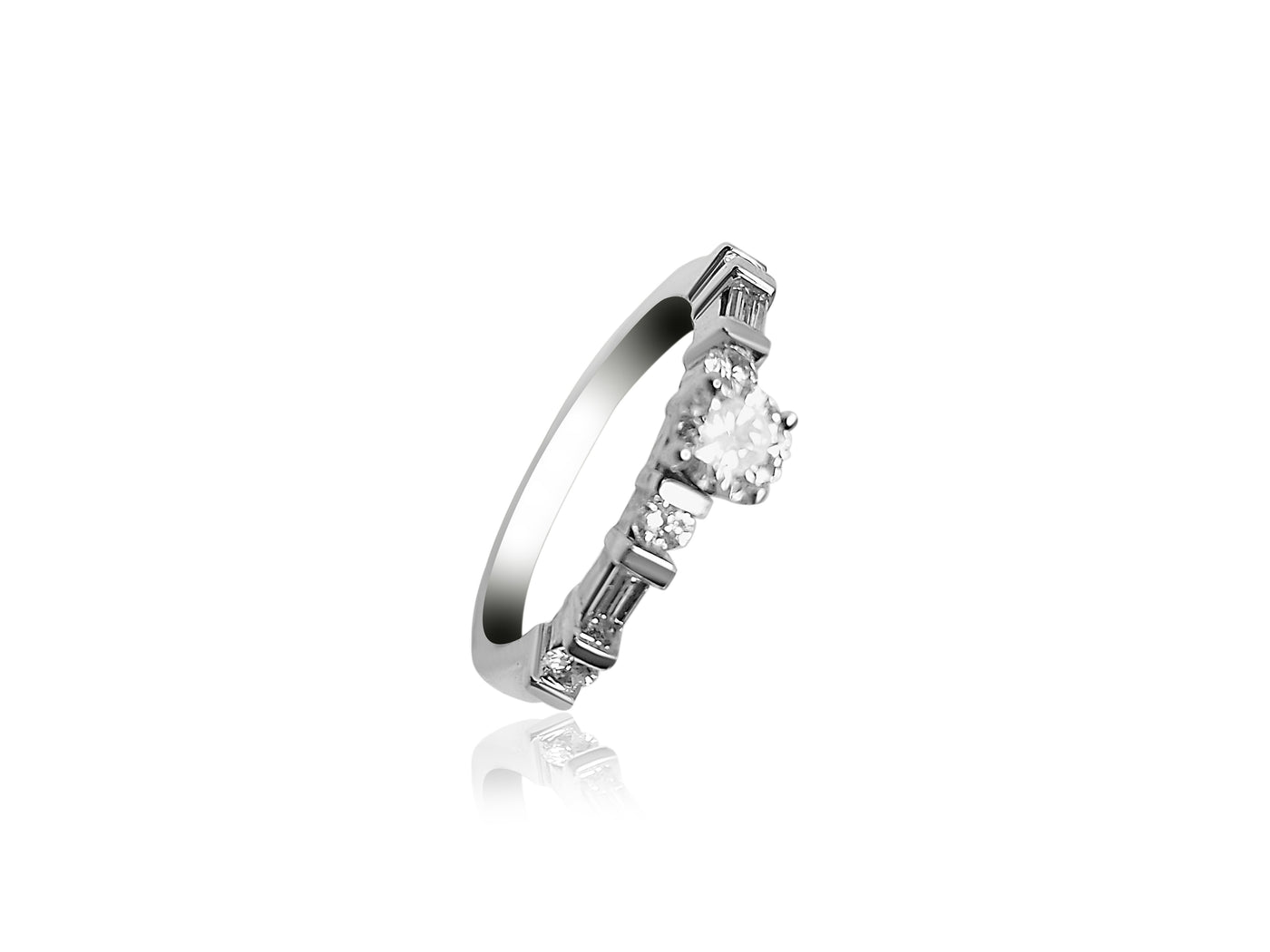 Sidestone Engagement Ring with 0.70ct Round and Baguette cut Diamonds