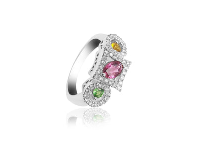 Fancy Ring with Peridot, Ruby, Citrine and diamonds