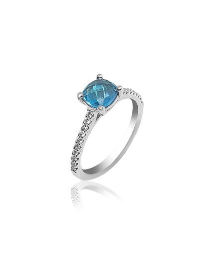 Pavé Engagement Ring with Blue Topaz stone and Round cut Diamonds