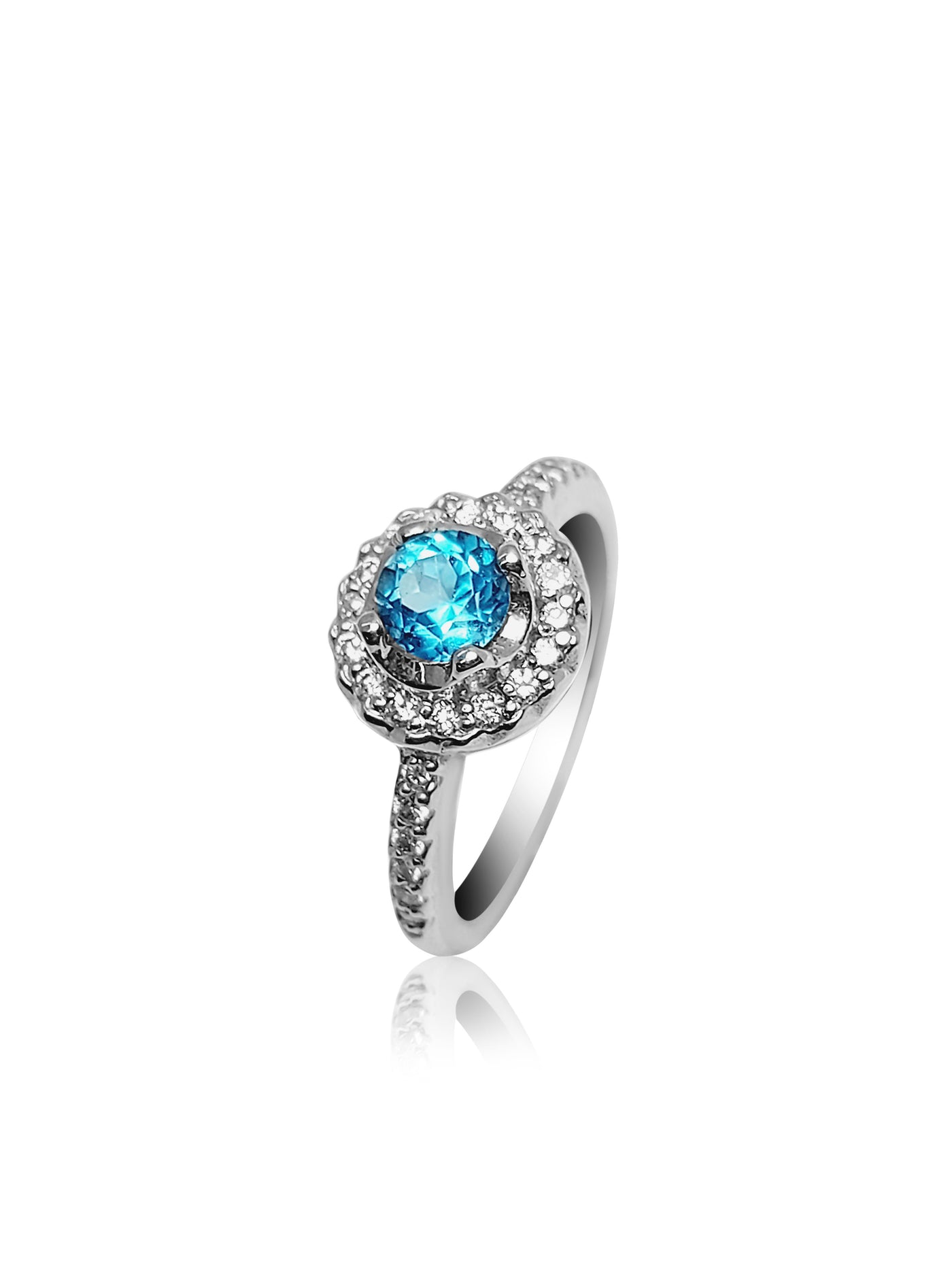 Halo Engagement Ring with blue topaz stone and side diamonds