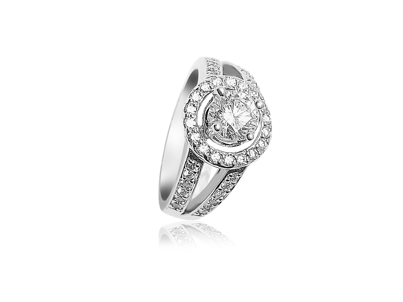 Halo and Split Shank Engagement Ring with 1.61ct Round cut Diamonds