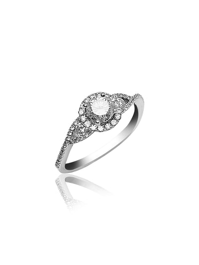 Titled 18k white gold engagement ring with a center diamond