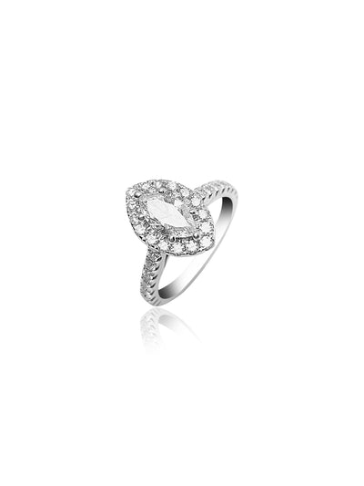 Titled 18k white gold engagement ring with a marquise-cut diamond