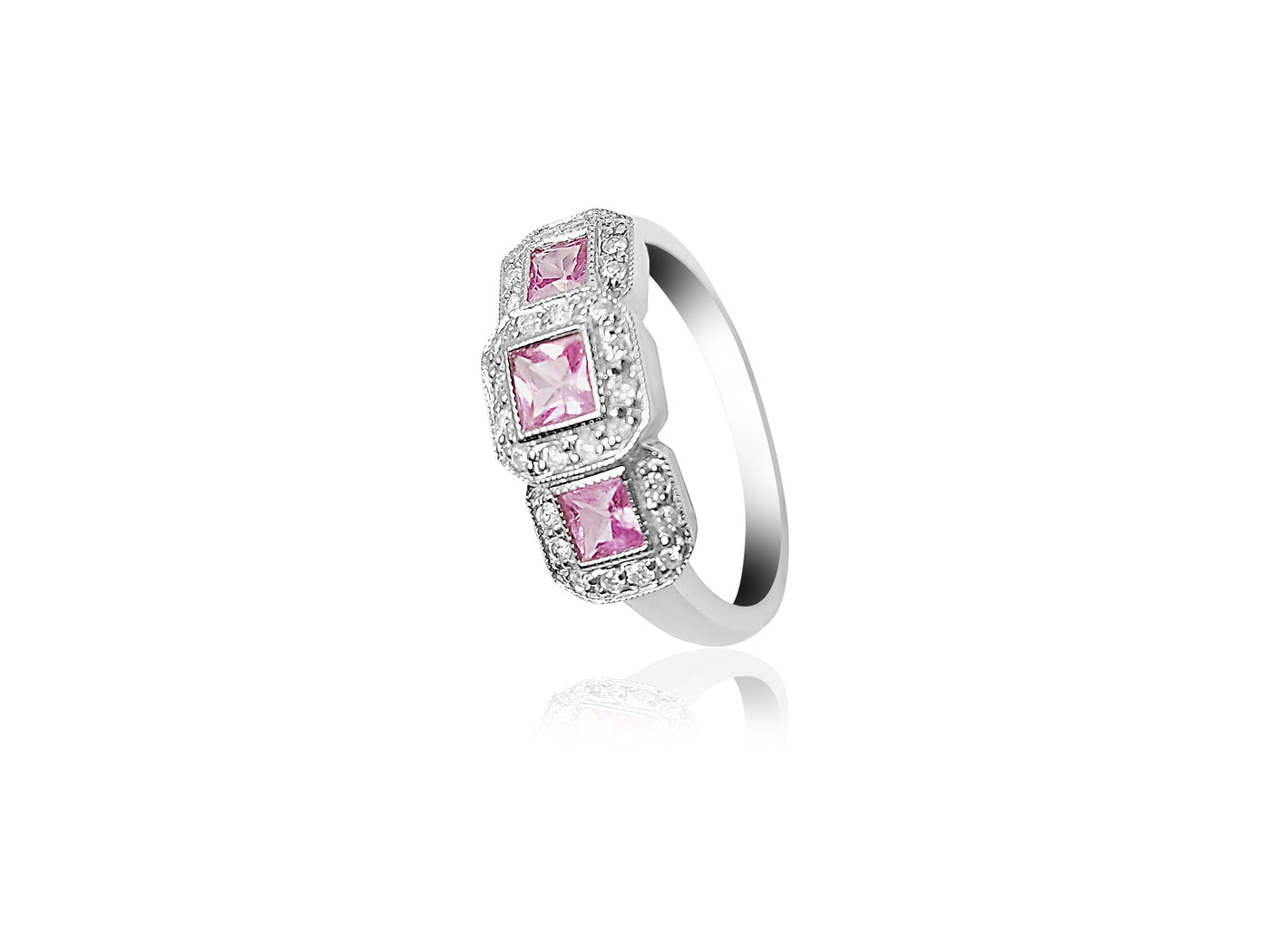 Fancy Birthstone Ring with 0.20ct Round cut Diamonds and Rose Stones