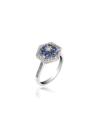 Halo Engagement Ring with Sapphire and Diamonds