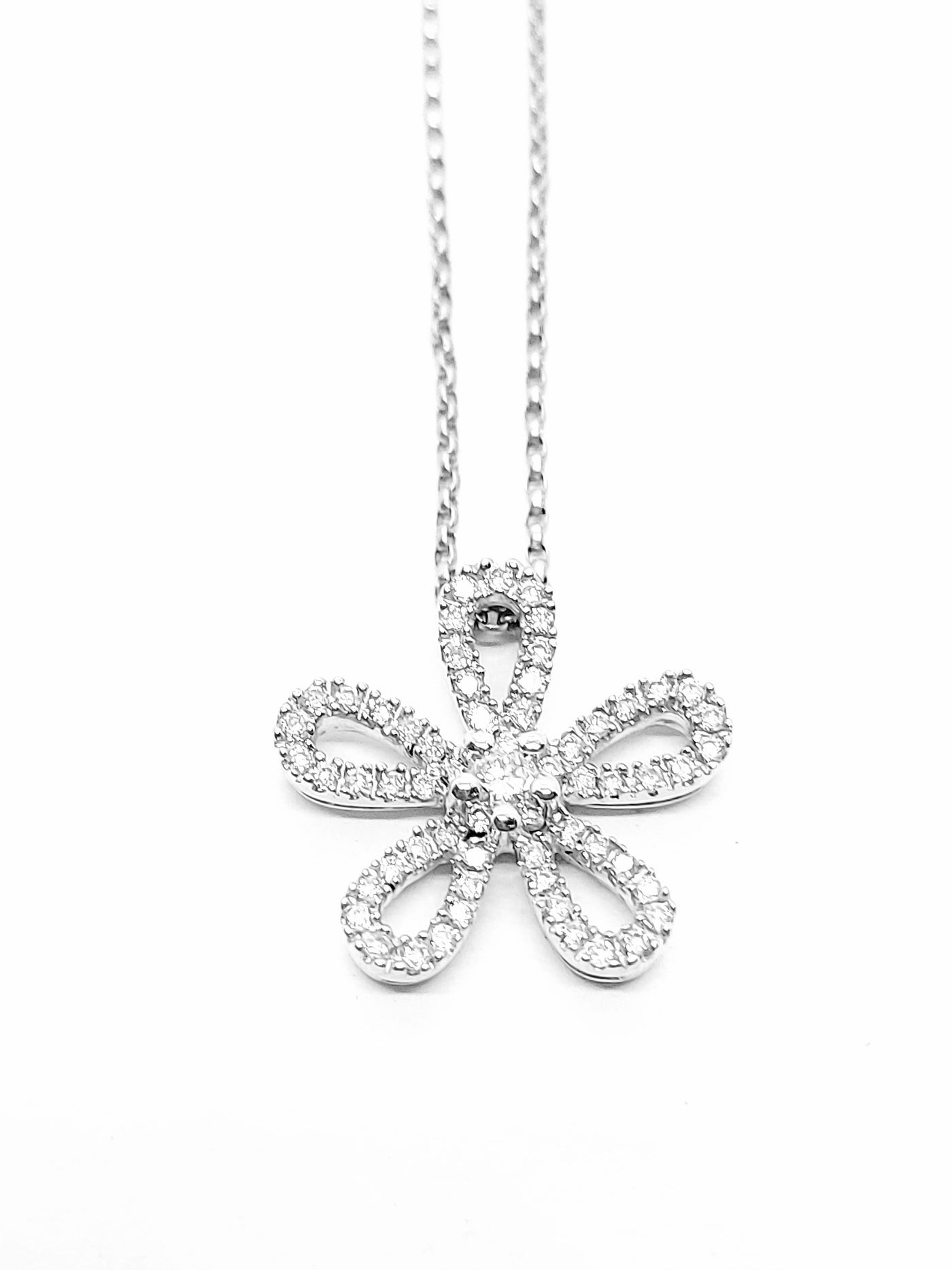 14k Real Solid White Gold Flower Necklace fully covered with diamonds.