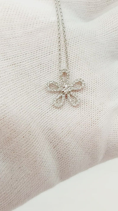 14k Real Solid White Gold Flower Necklace fully covered with diamonds.